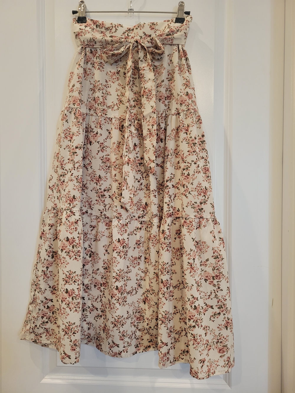 Floral Tie-Waist Maxi Skirt - Cream with Pink Rose Print